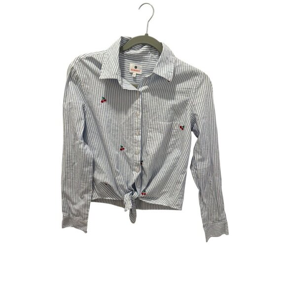 Sundry Womens Striped Button-Up Shirt With Cherry Embroidery & Tie Front Size 0 - Picture 1 of 5
